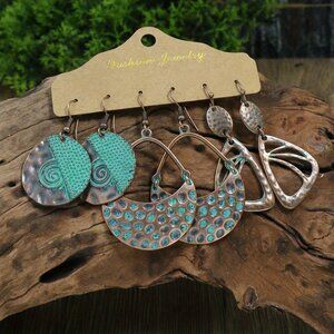 3 Pair Bronze Turquoise Bohemian Drop Earrings Set Vintage Inspired